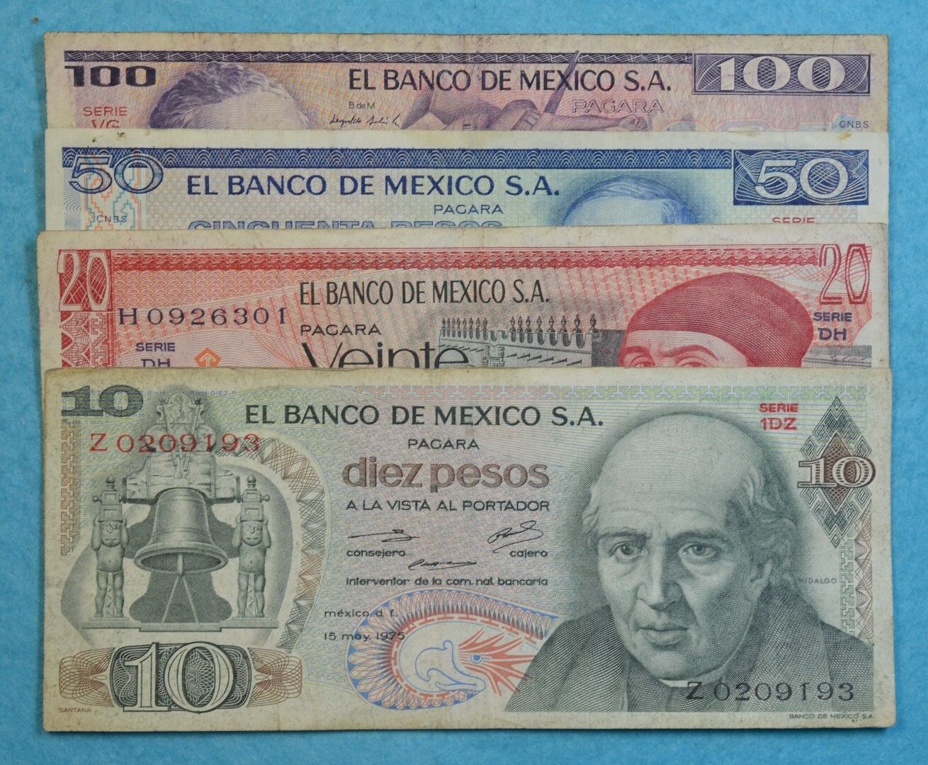 MEXICO SET LOT 4 BANKNOTES CIRCULATED 1970'S 1980'S 10 20 50 100 pesos 4 bills Без бренда