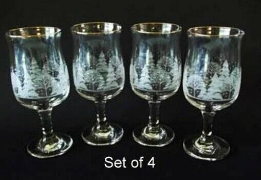 SET OF 4 Libbey Christmas White Frosted Pine Trees Goblets Glass Arby's  Libbey