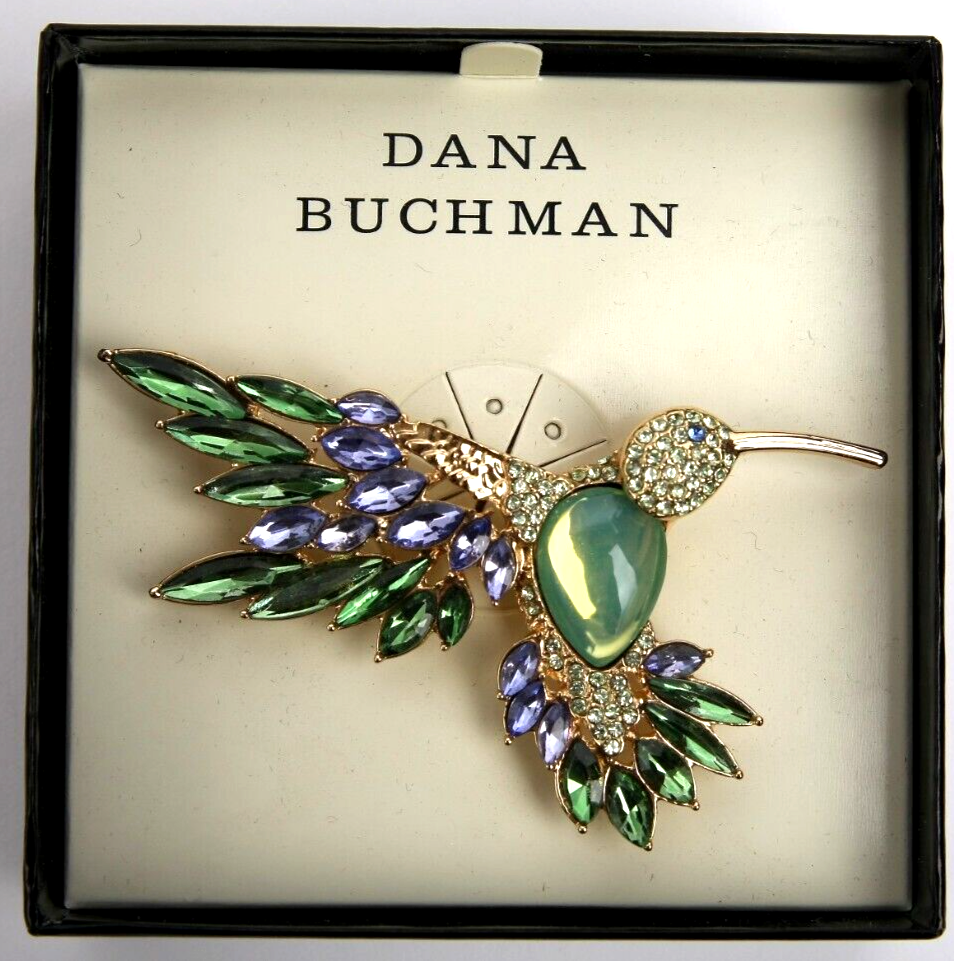 Dana Buchman Hummingbird Green & Purple Crystal Rhinestone Gold Tone Brooch Pin Dana Buchman
