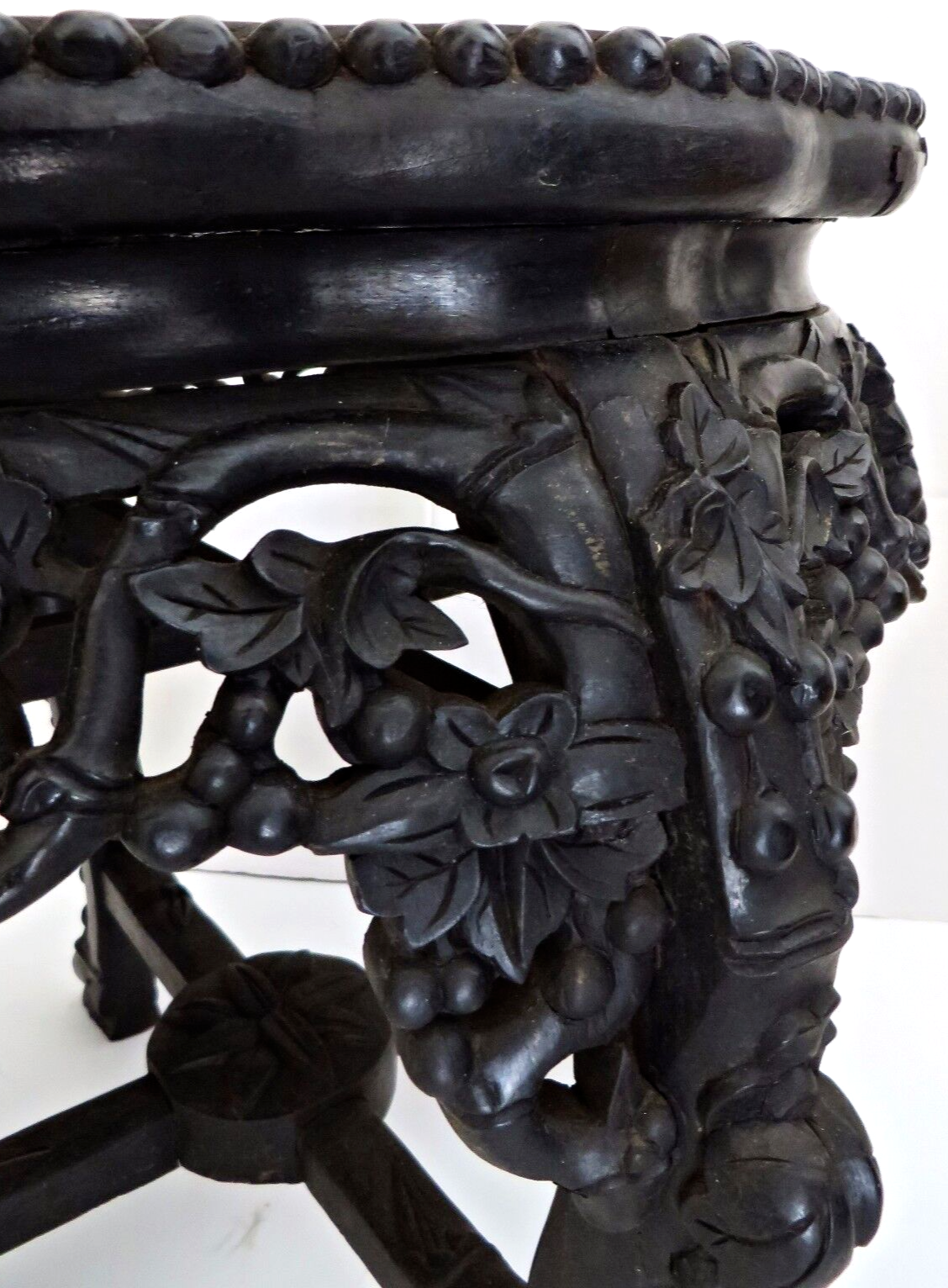 Antique 1870's Oriental Chinese Carved Wood Marble Top Side Table Plant Stand Без бренда - фотография #10
