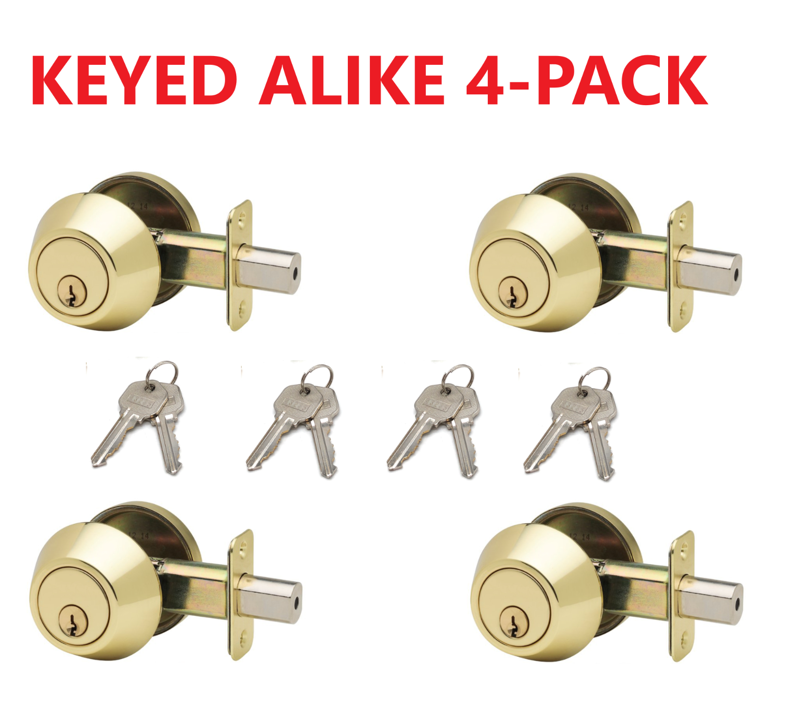 [4 Pack] Keyed Alike Deadbolts Adjustable 2-3/8" or 2-3/4",Polished Brass Finish Vault Locks 14-1426