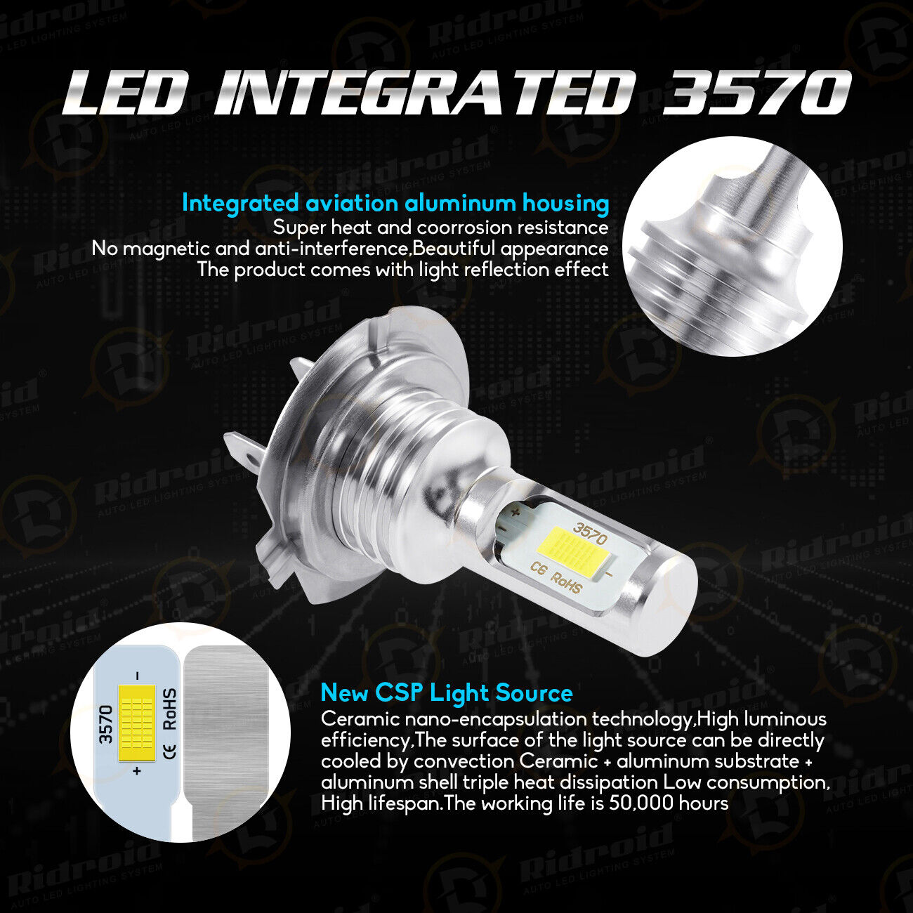 2 LED Headlight Bulbs Conversion Kit H7 High Low Beam Headlamp 6000K Super White Ridroid RDDDWDH7 - фотография #7