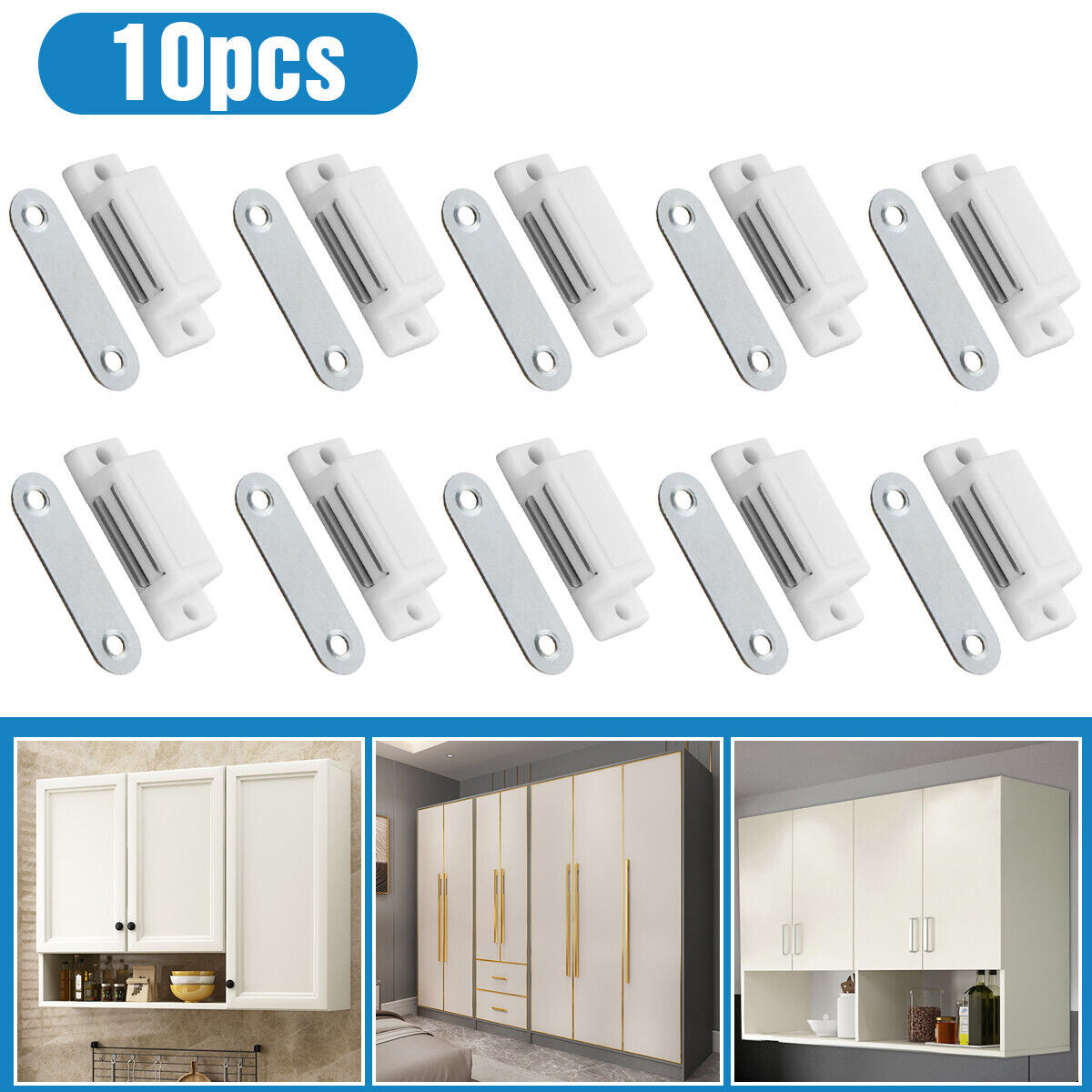10Pack White Magnetic Door Catches Kitchen Cupboard Wardrobe Cabinet Latch Catch Housmile - фотография #2