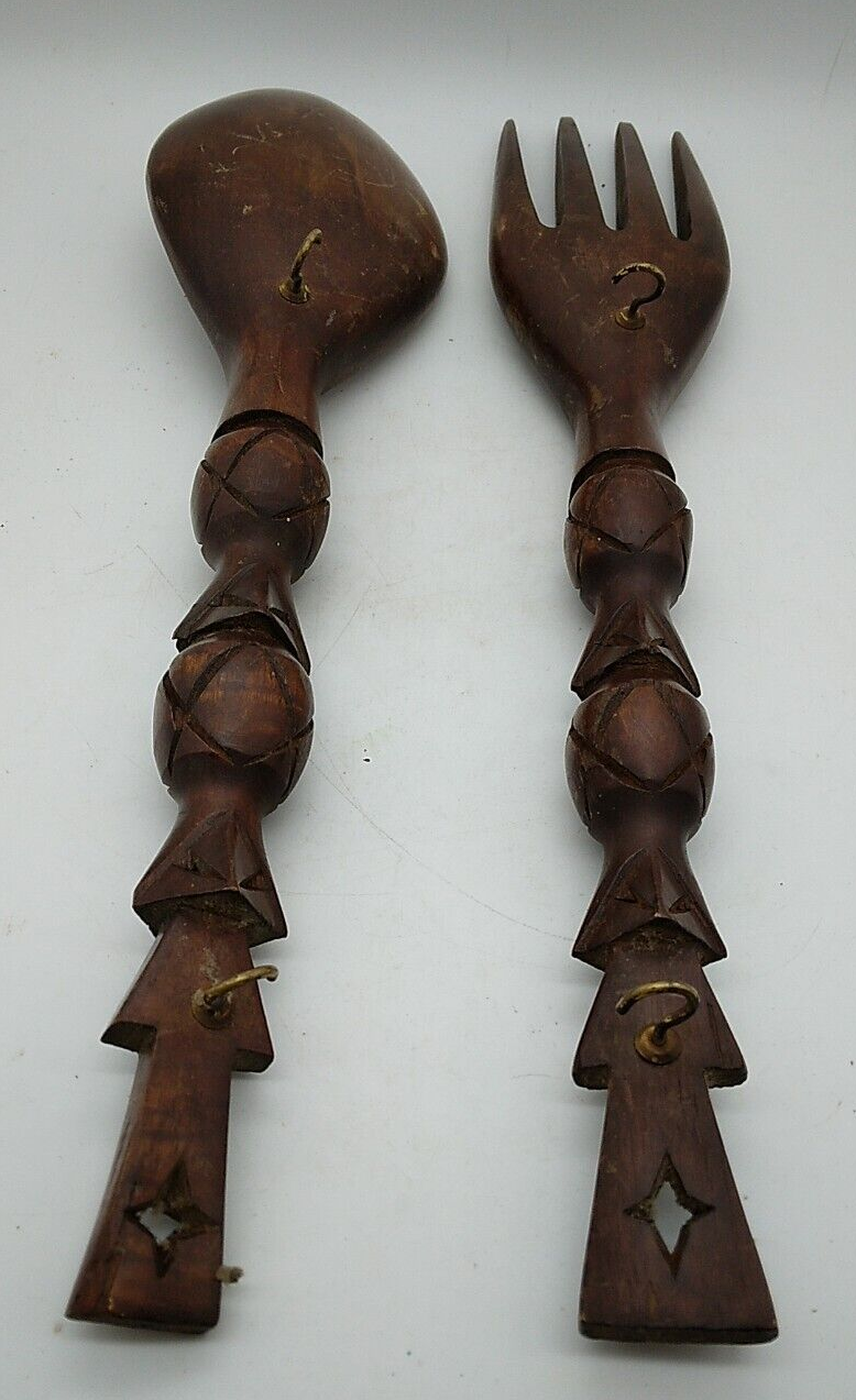 Vintage Large Carved Wooden Fork & Spoon Wall Decor 20 1/2 Inch Wood Tiki Totem Без бренда - фотография #2