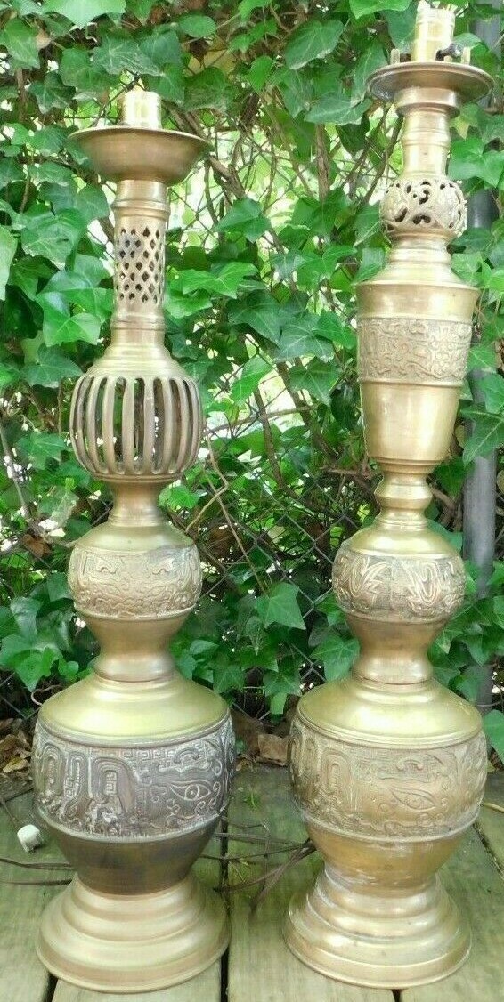2 Large Mid Century Asian 27.5" & 30" ORNATE BRASS LAMPS James Mont style Unbranded Does Not Apply