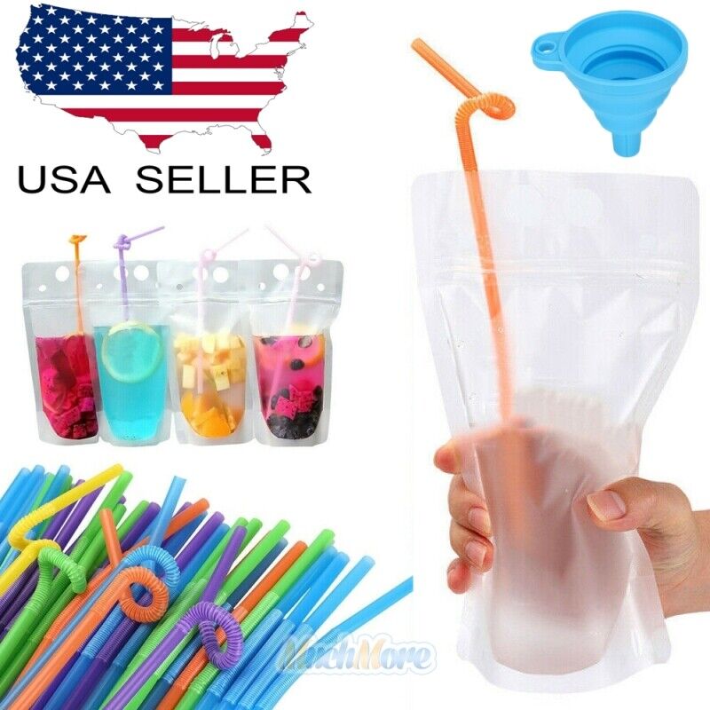 100PCS Drink Pouches Bags Stand-Up Zipper w/ Straws&Funnel for Cold & Hot Drinks Unbranded Does not apply