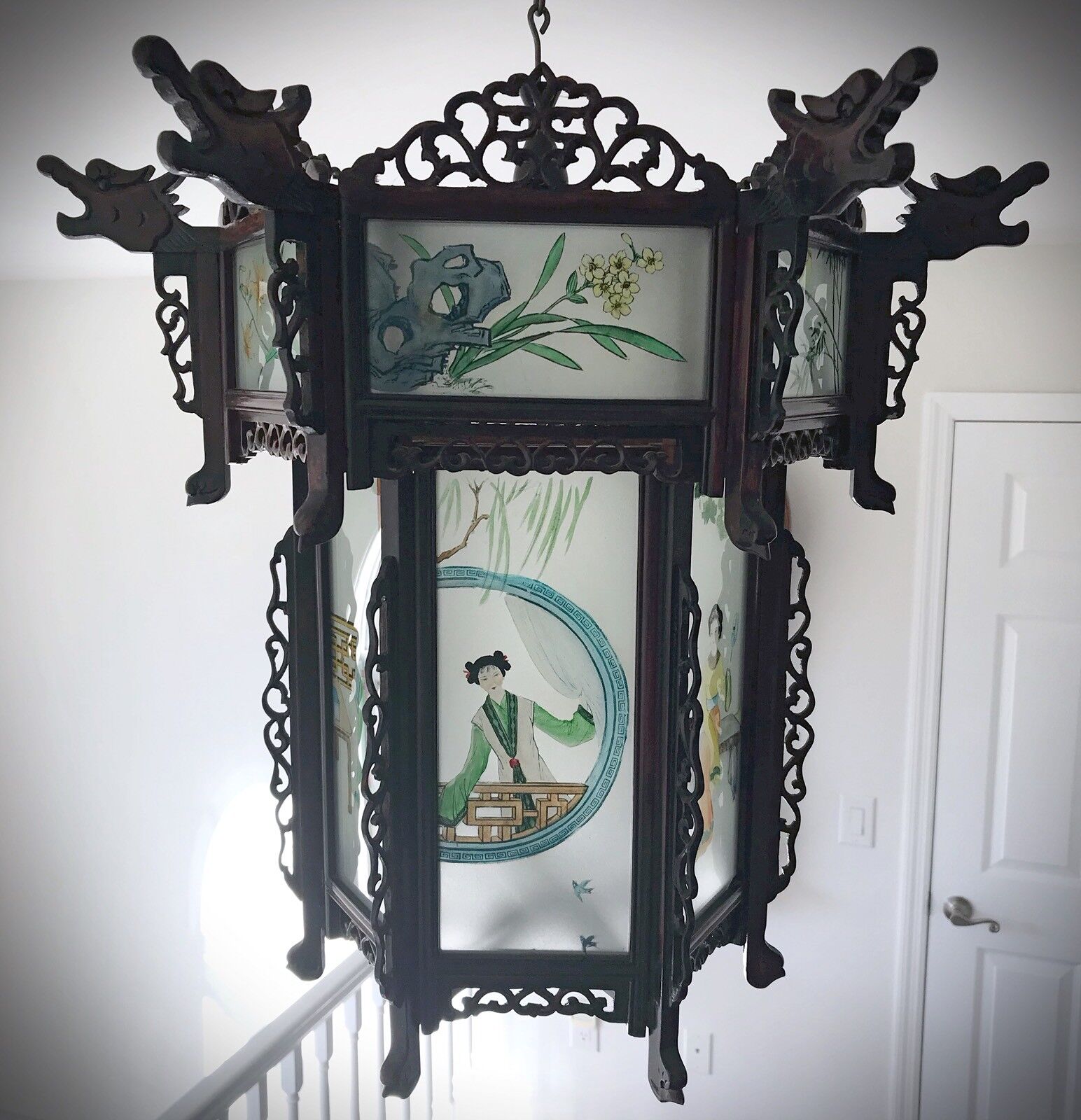 Rare Antique Chinese Zitan Hardwood Reverse Painted Glass Paneled Carved Lantern Без бренда - фотография #3
