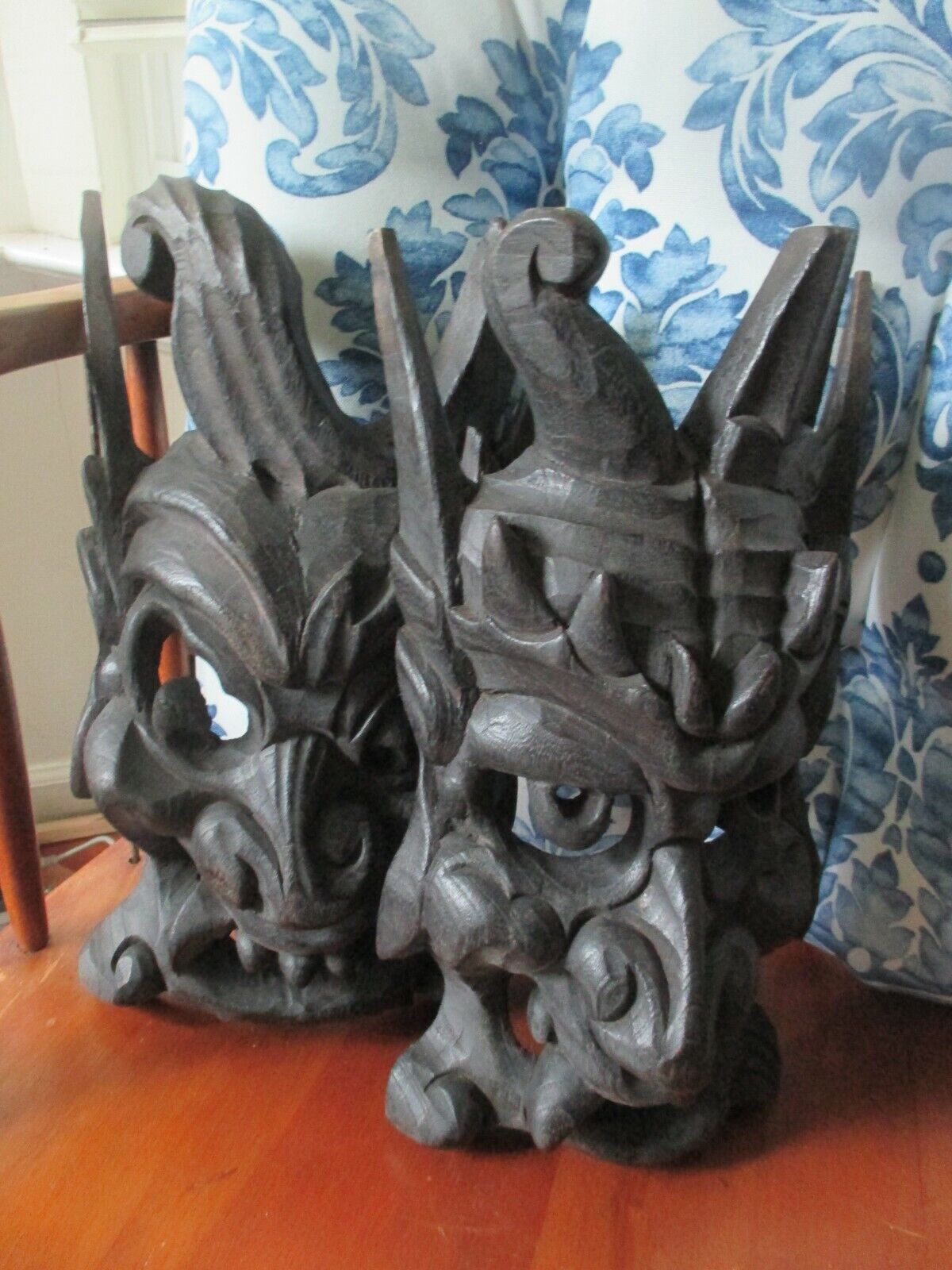 Set of 2 Vintage Asian Chinese Hand Carved Wood Brown Wooden Mask c.1980's Без бренда