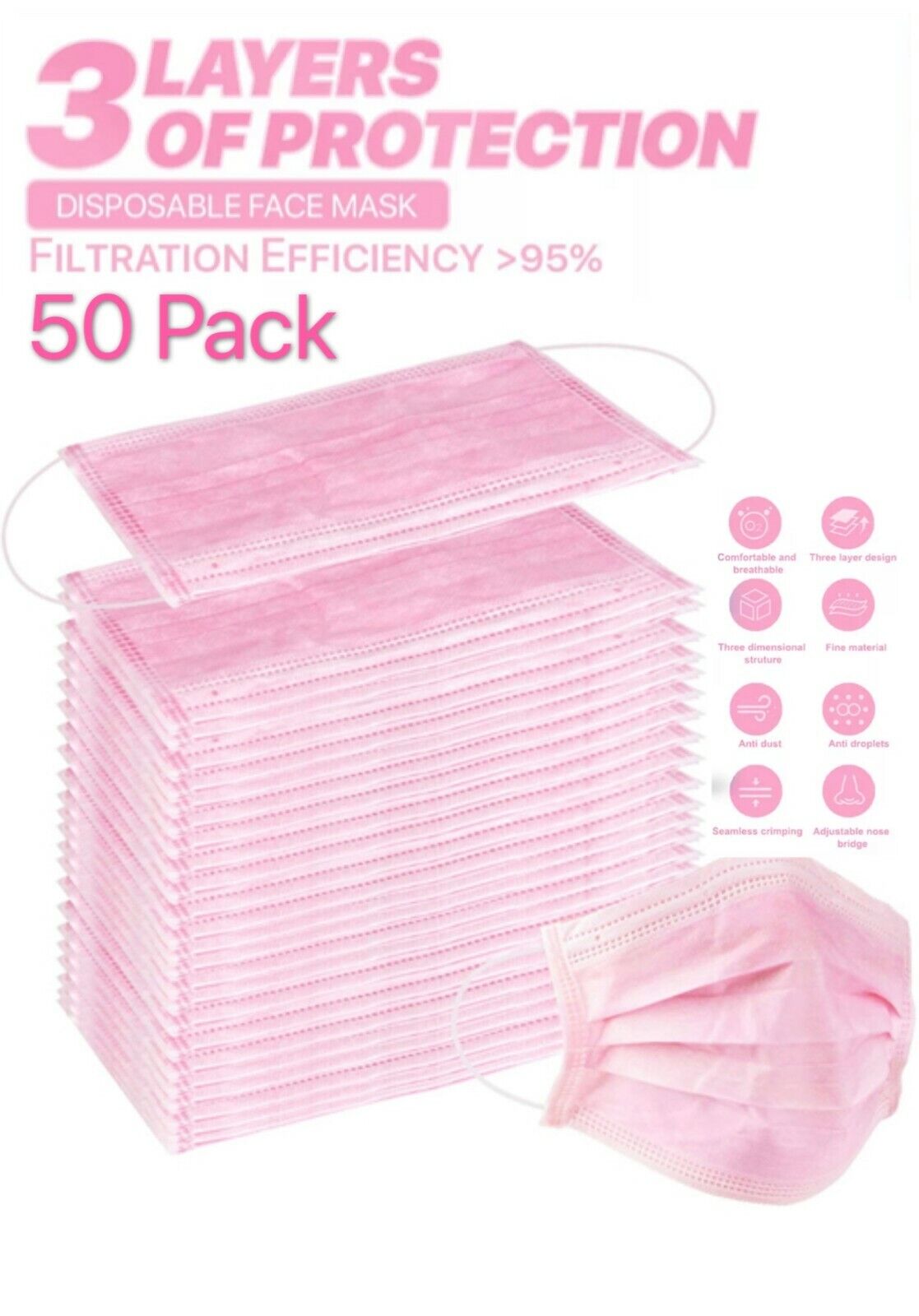 50 PCS Pink Face Mask Mouth & Nose Protector Respirator Masks with Filter NEW Unbranded Does Not Apply