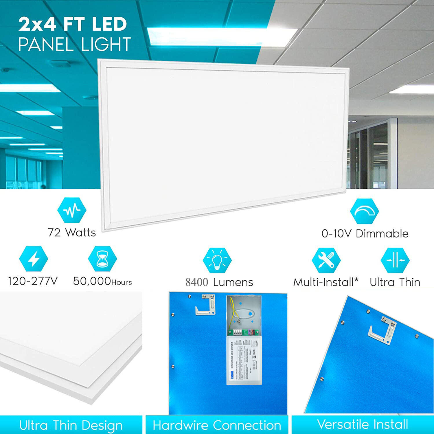 75W 2x4 FT LED Flat Panel Troffer Light, 8400 Lumens Drop Ceiling Lights 4-Pack  WYZM - фотография #6