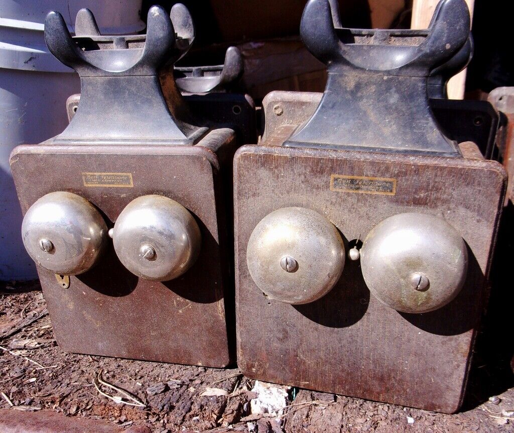 Two Old Oak Crank Wall Phones with Generator and Bakelite Cradle Bell Telephone