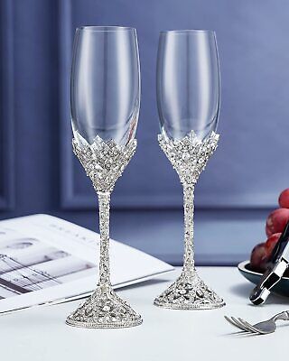 Champagne Flutes Crystal Glass Metal Base With Crystal Stones Set Of 2 Toasting Jozen Gift