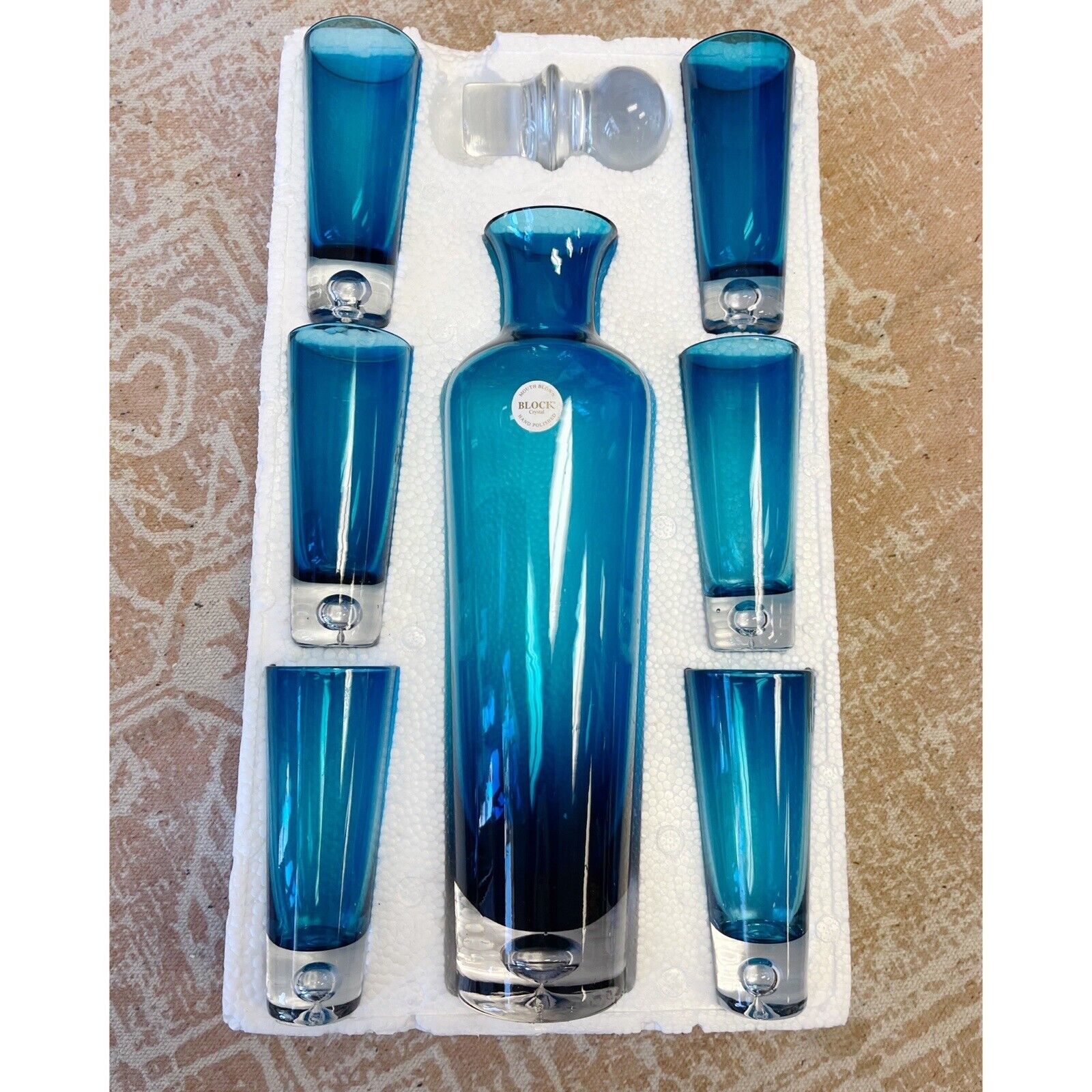 Brand New Vintage Mouth Blown BLOCK Crystal Hand Polished Blue Decanter 8PC Block - фотография #5