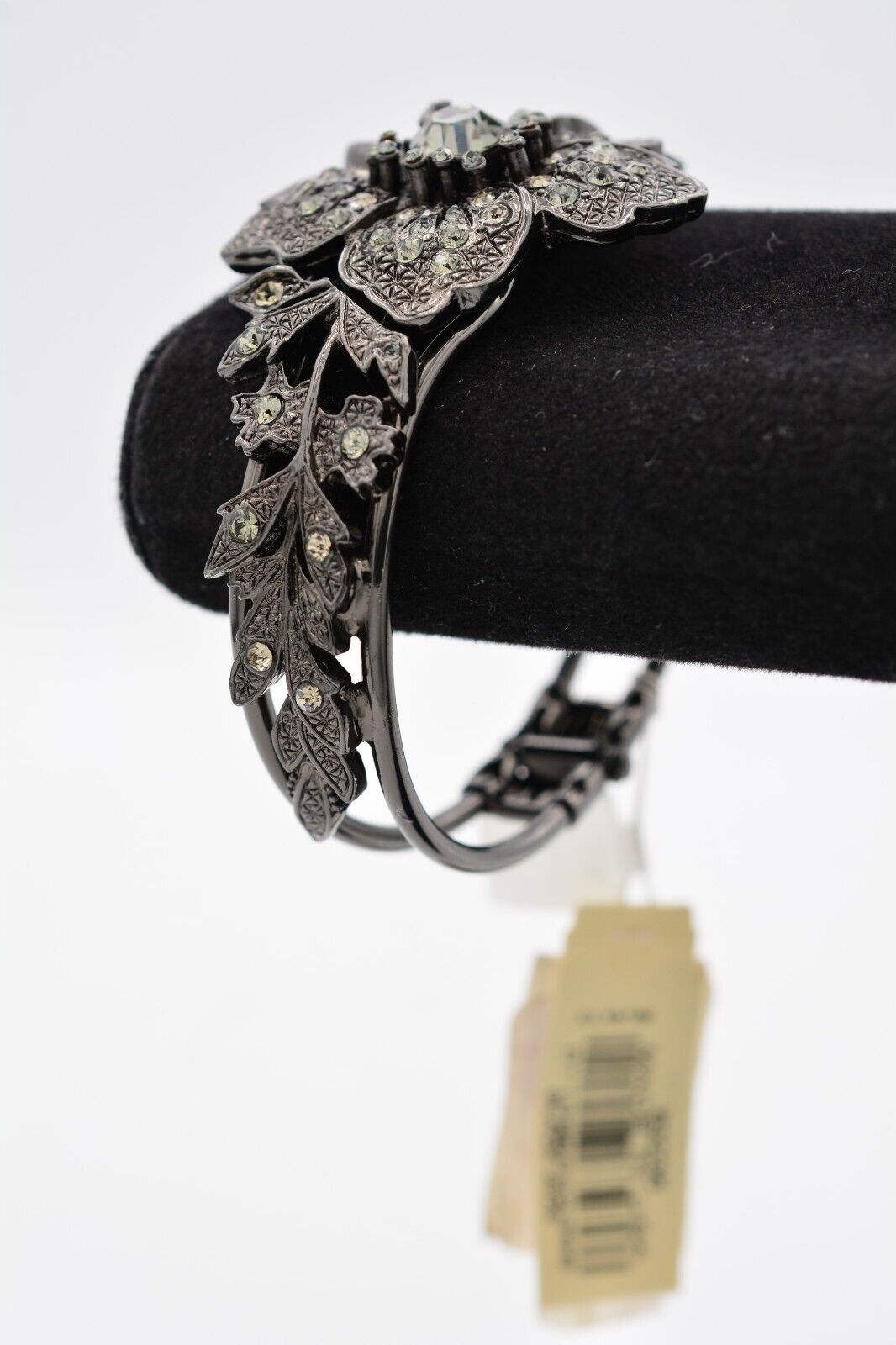 1928 Vintage Bangle Bracelet Gunmetal Crystal Flower Gold Hinged Shiny NOS Bin4 1928 - фотография #2
