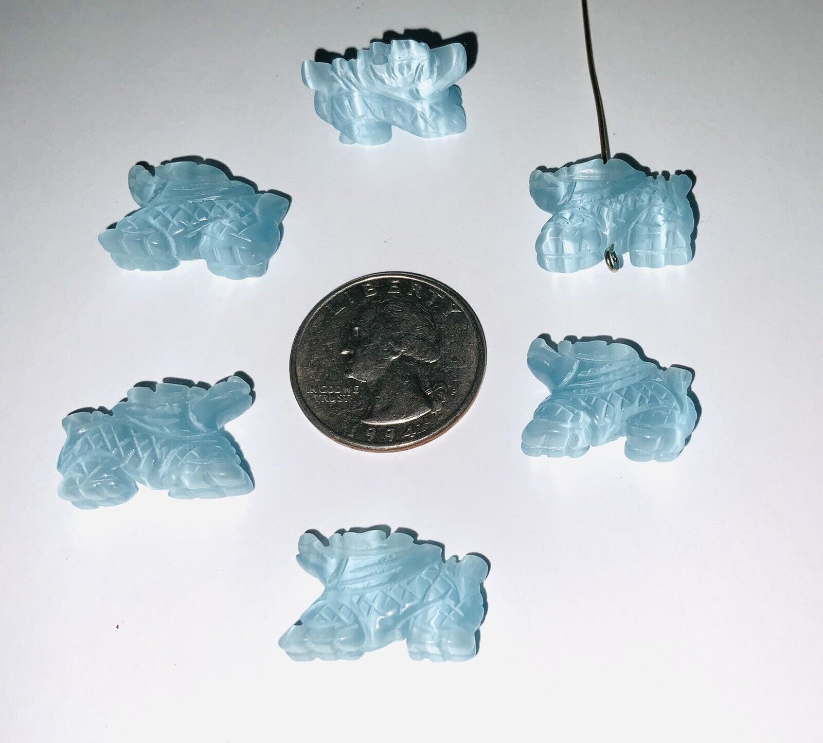 Hand Carved Light Blue Fiberoptic Crouching Dragons(You are buying two beads) Unbranded