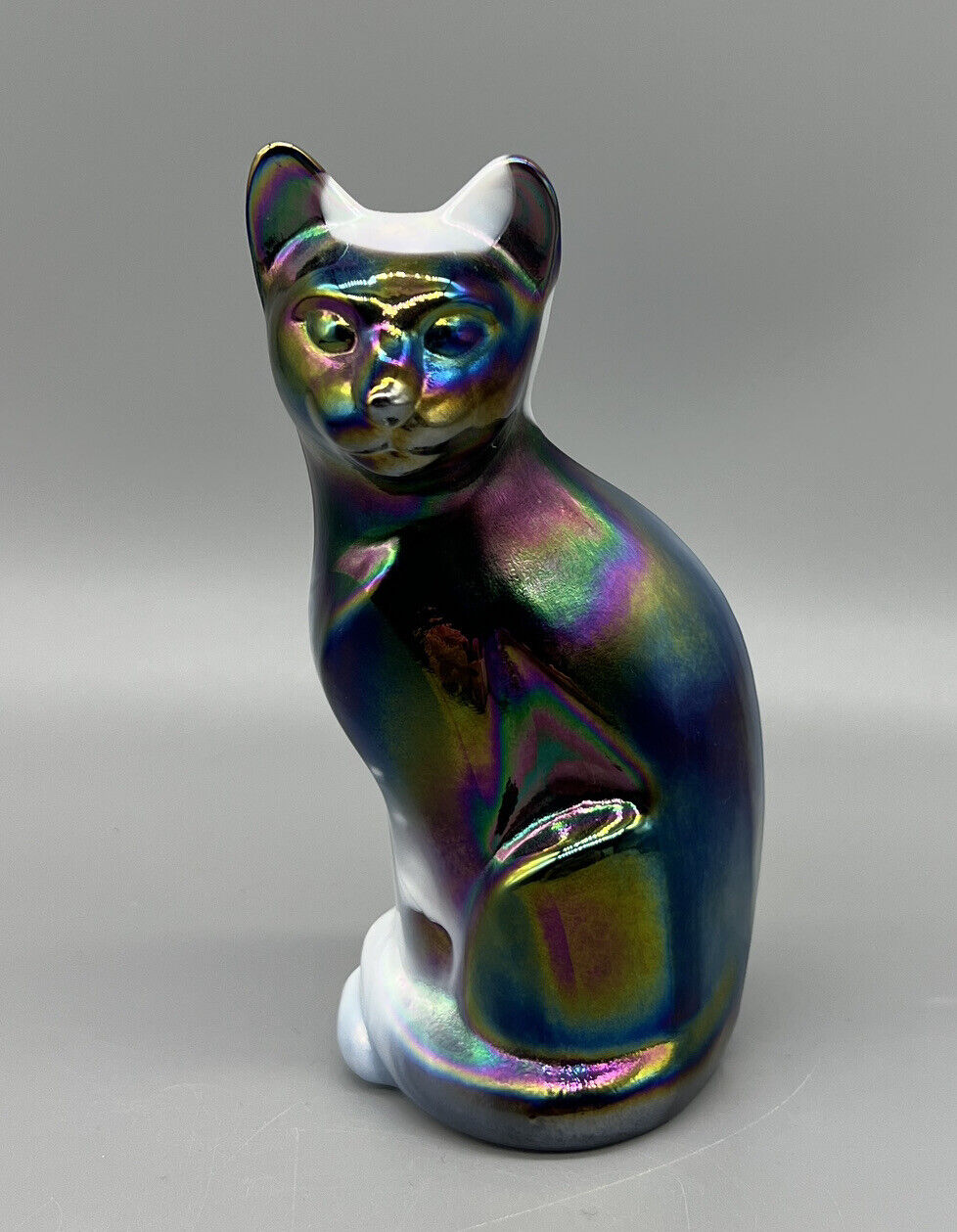 Fenton Amethyst Slag Glass Stylized Cat Iridized / Carnival Glass Fenton Slag