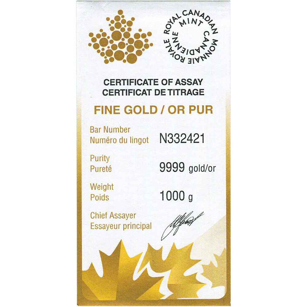 Kilo 32.15 oz Gold Bar RCM Royal Canadian Mint .9999 Fine with Assay Certificate Без бренда - фотография #3