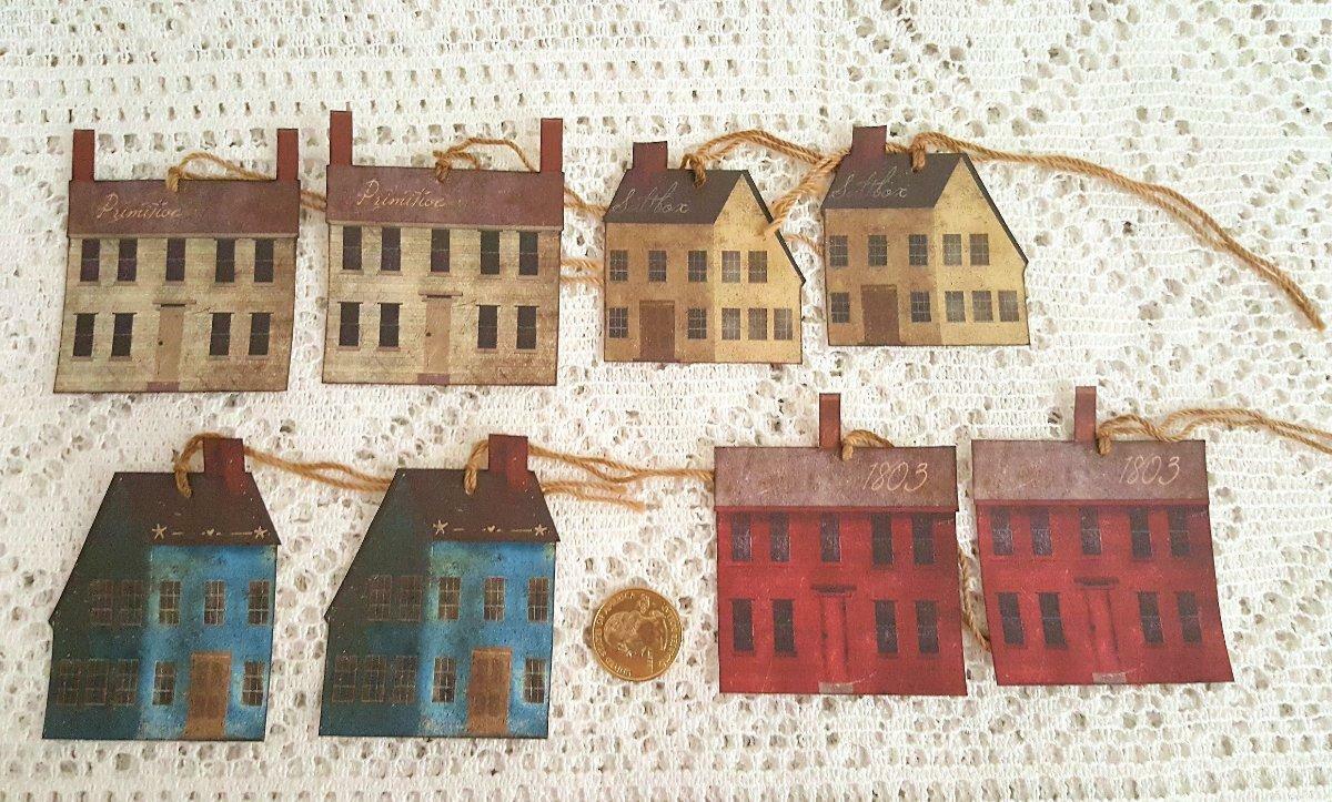 8~Primitive~Saltbox House~Fussy Cut~Linen Cardstock~Gift~Hang~Tags~Ornaments Без бренда