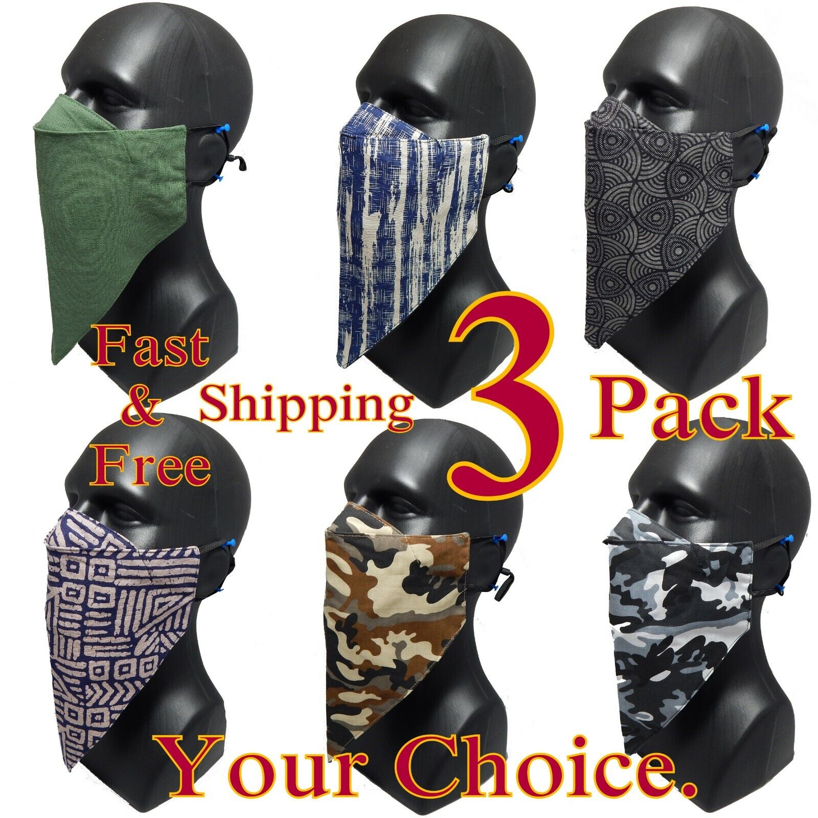 3 pack Extra Long XL Fit all Men w/ or without Beard Face Mask Washable ICYROSE