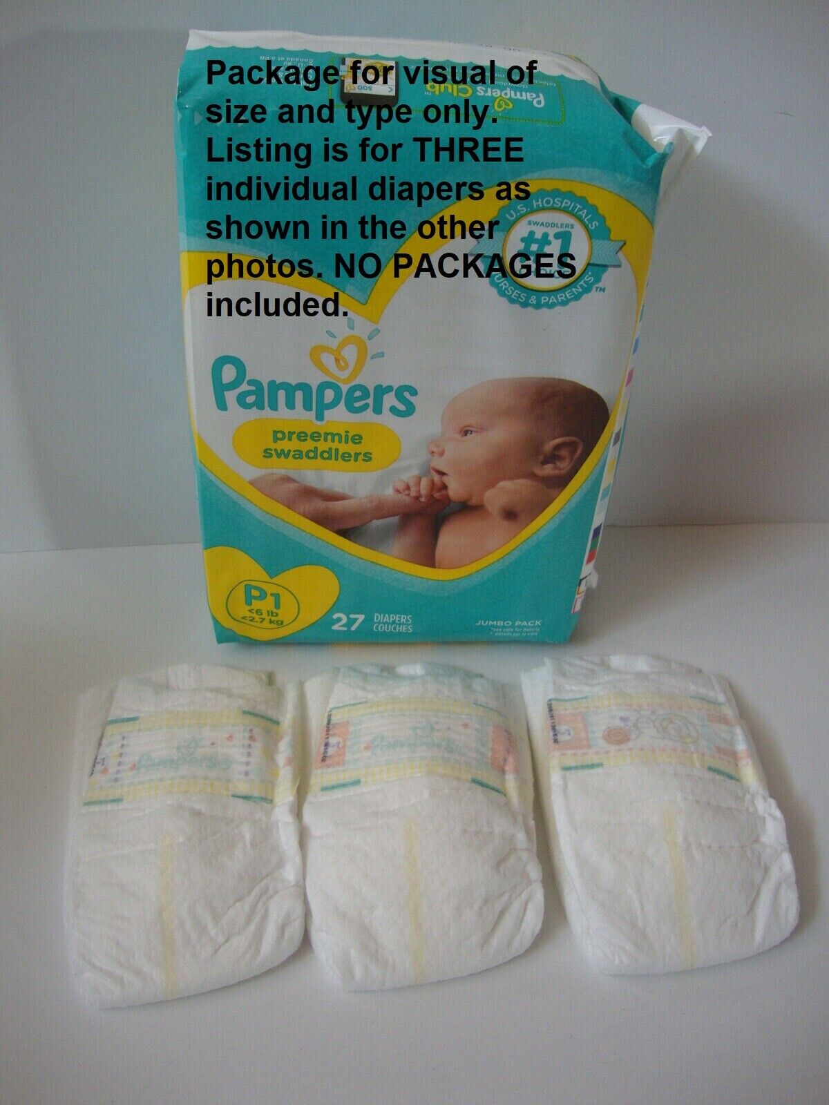 Pampers Swaddlers Preemie 6 pounds lot of 3 individual diapers reborn doll Pampers