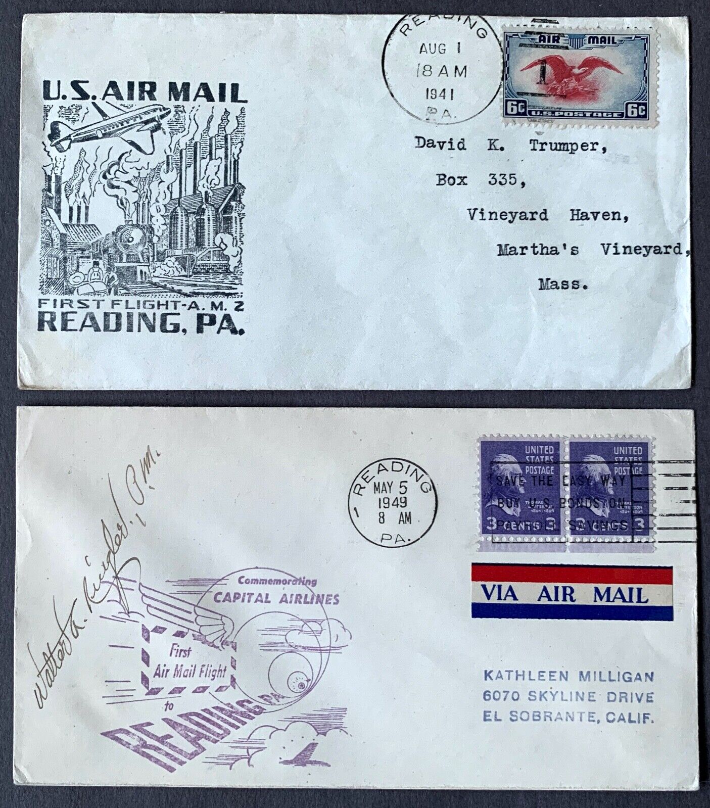 Reading PA two first air mail flight covers 1941 and 1949 AM2 and Capital Air Без бренда