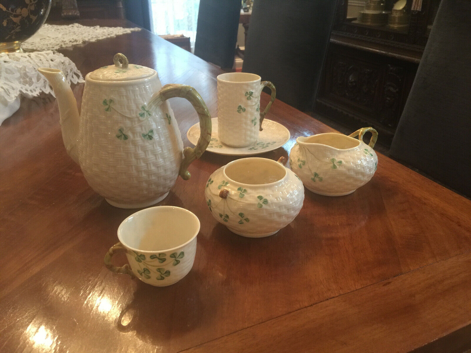 Vintage Belleek Basket Weave Shamrock Tea Set Belleek