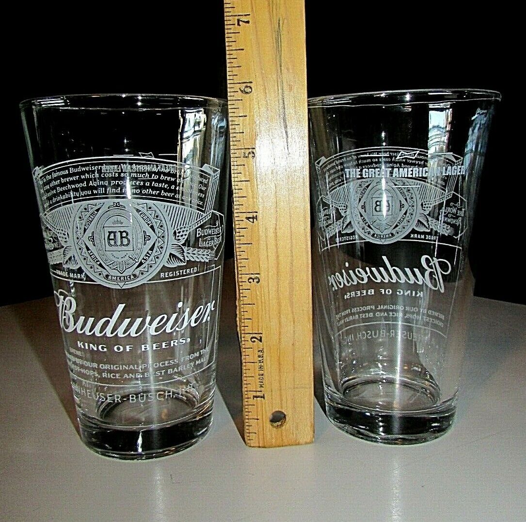(2) NEW Budweiser American Lager Beer Pint Glass Man Cave Bar lot No Tap Budweiser