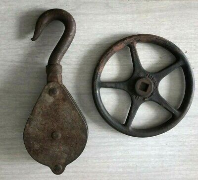 Vintage Industrial Wheel Handle and Large Double Pulley and Hook Steampunk  Без бренда