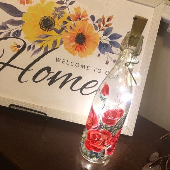 Hand painted roses on wine bottle w lights Home Art Decor Gift Idea Handmade - фотография #2