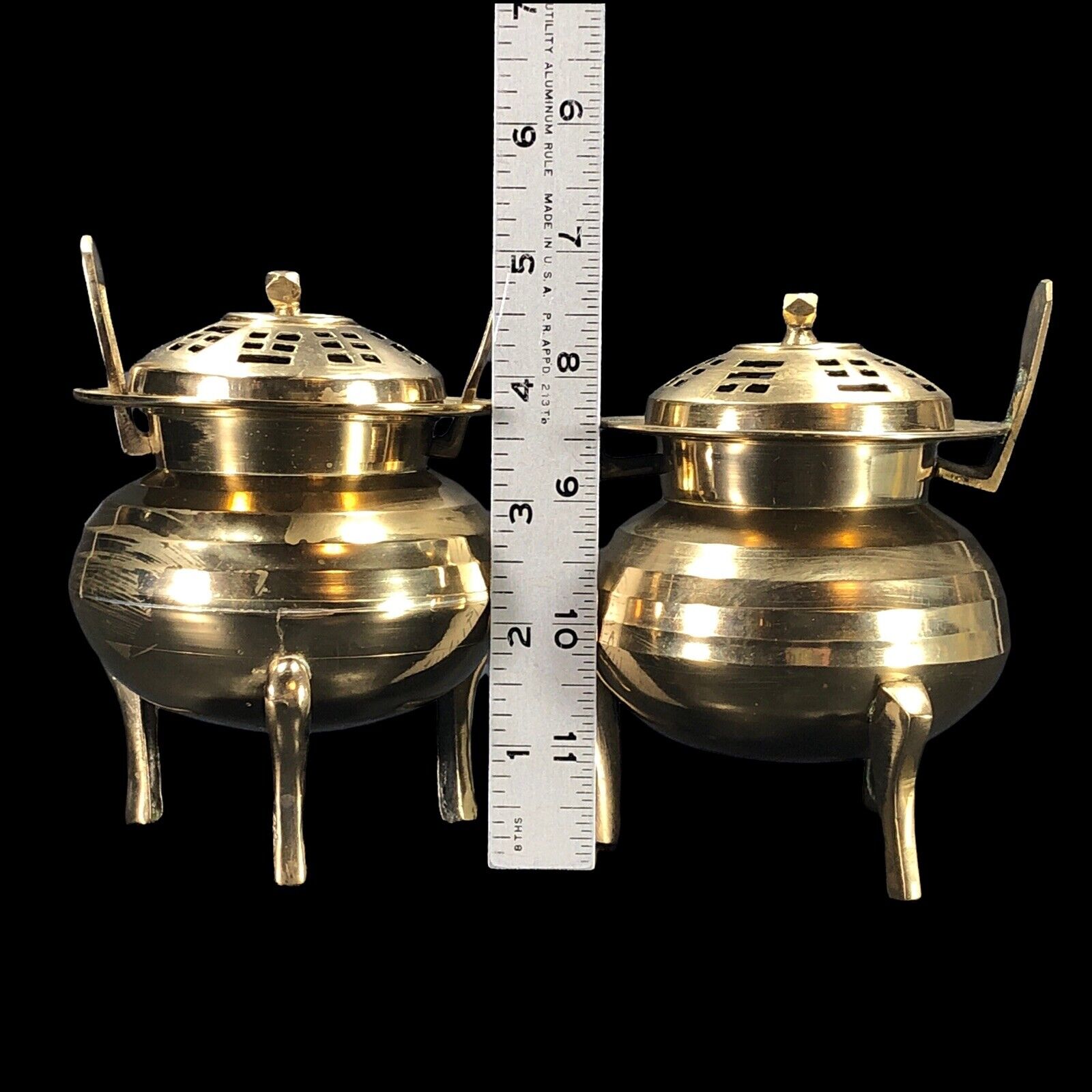 2ct Vintage Brass Chinese Censer Incense Burner Round w/ Lid Footed 5-in High Без бренда - фотография #9