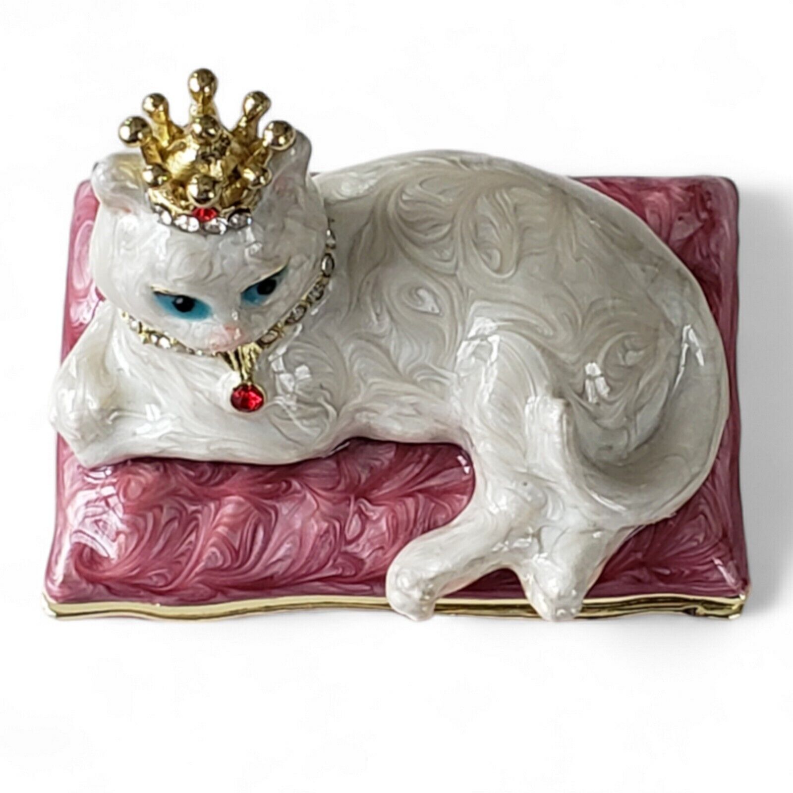 Royal Cat Jeweled Collar & Crown Opalescent Swirl Enameled Hinged Trinket Box Без бренда - фотография #8