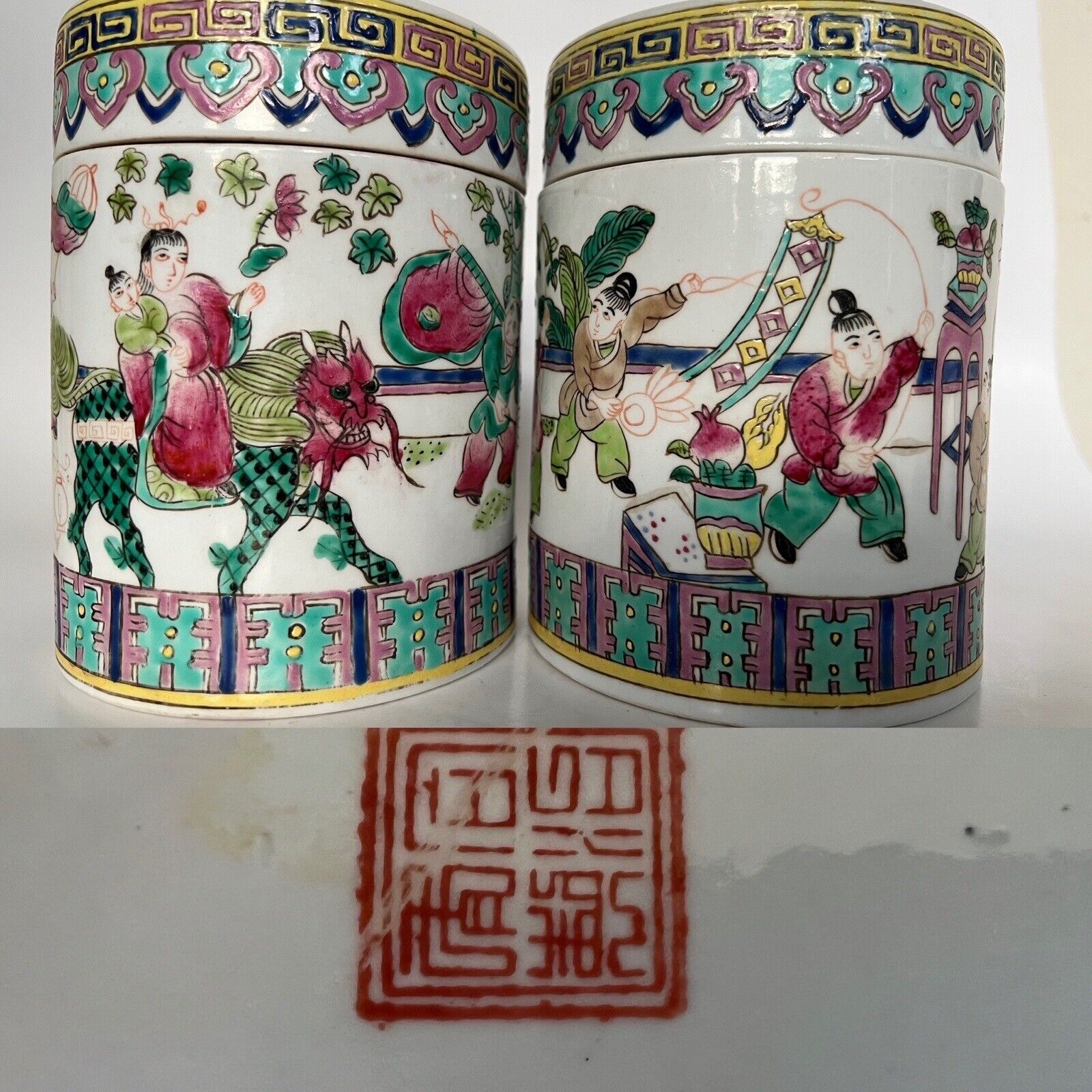2 Antique Chinese Hand Paint Dragon Children Cylinder Hallmark Famille Jars 6" Без бренда