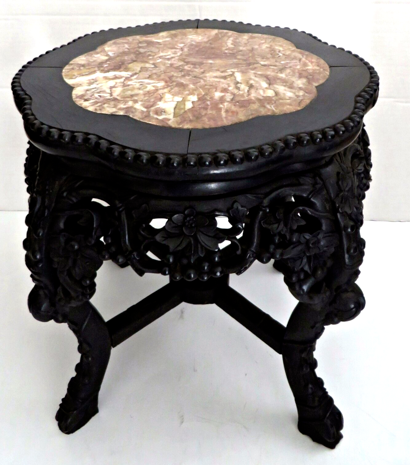 Antique 1870's Oriental Chinese Carved Wood Marble Top Side Table Plant Stand Без бренда - фотография #2