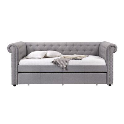 Chesterfield Twin Size Daybed With Attached Trundle And Nailhead Trimsgray- Saltoro Sherpi BM214912