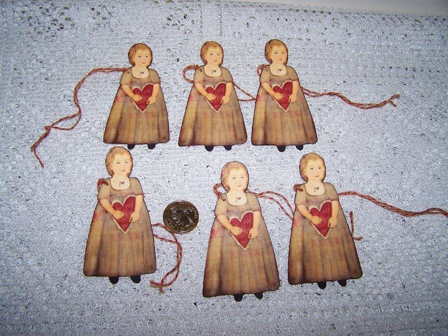 6~Valentine's Day~Primitive~Girl~Fussy Cut~Linen Cardstock~Gift~Hang~Tags~Ornies Без бренда