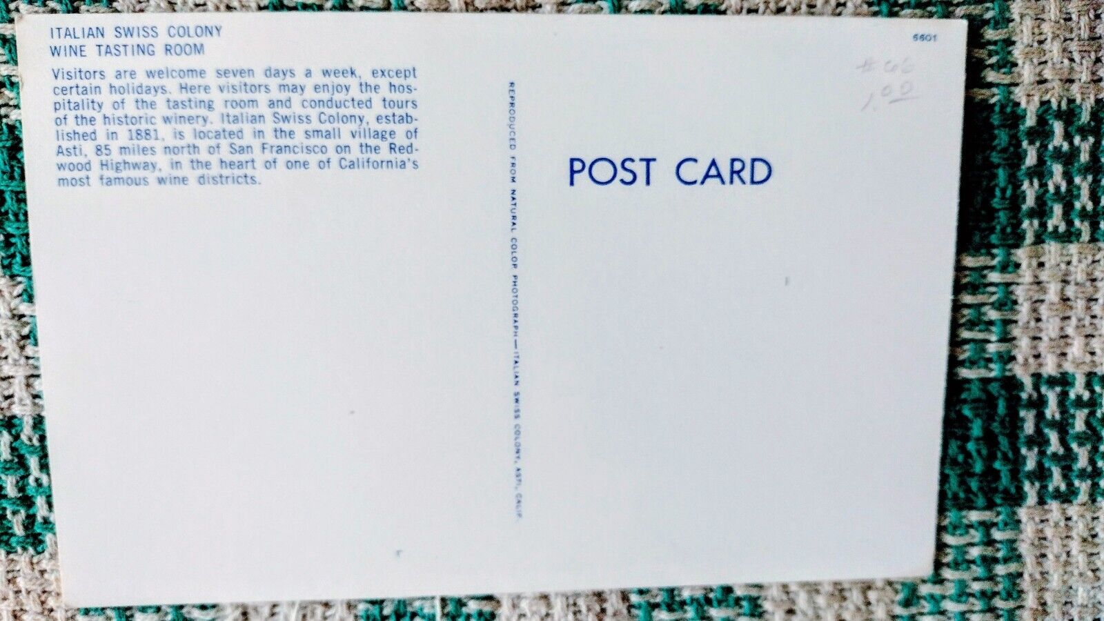 VINTAGE POST CARD ITALIAN SWISS COLONY WINE TASTING.  SAN FRANCISCO CALIFORNIA. Без бренда - фотография #5