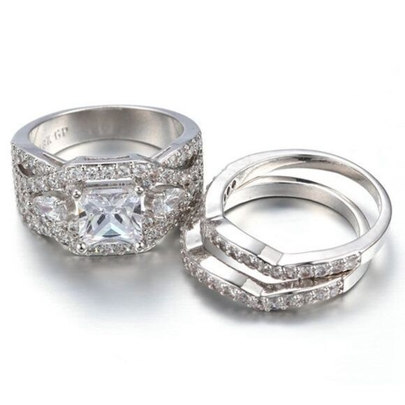 FENDINA Womens 3 PC 18K White Gold Plated Wedding Engagement Ring Set Sz 9 Fashion Jewelry - фотография #5