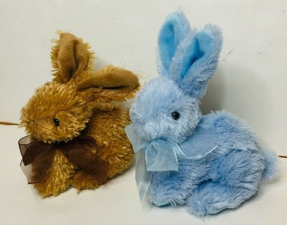 Baby Bunny Rabbits 2x Plush Soft Blue And Brown With Bows 16cm Unbranded