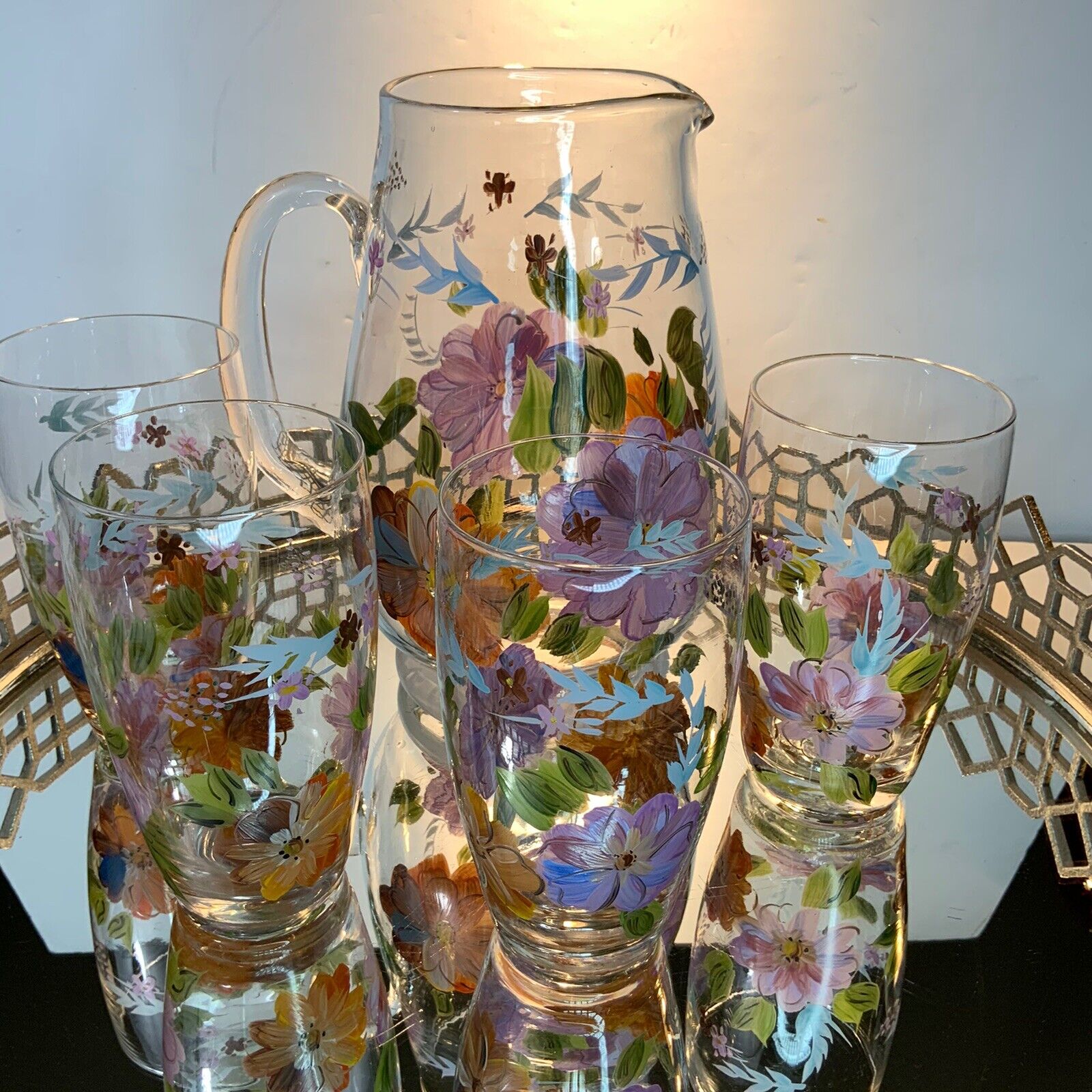 Water Set Pitcher Tumblers Vintage Glass Set 5 Floral Carafe Hand Painted #N1 Unbranded