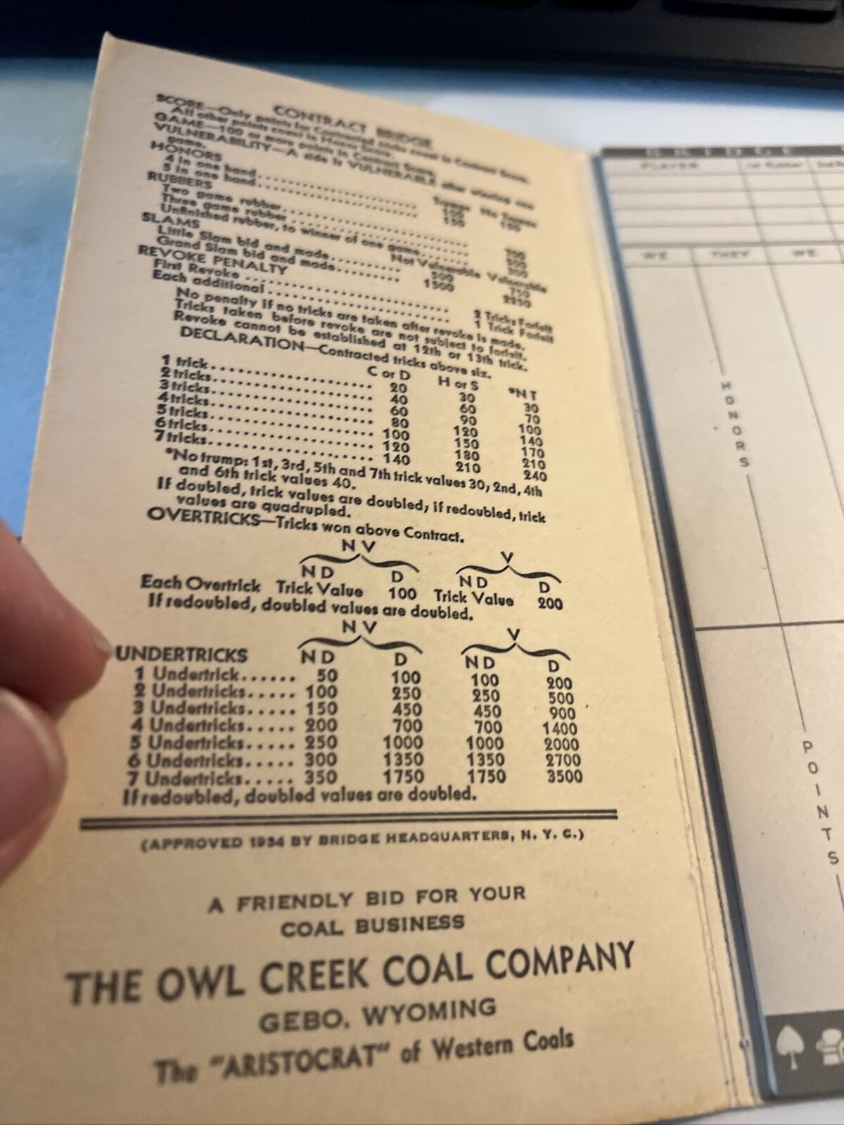 RARE NOS 1934 Owl Creek Coal Company Gebo, WY Bridge Score Sheet UNUSED  #FA Без бренда - фотография #3