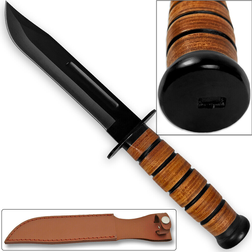 Reproduction WWII Combat USMC Kabar-Style Fighting Knife with Leather Sheath Unbranded HK-1274