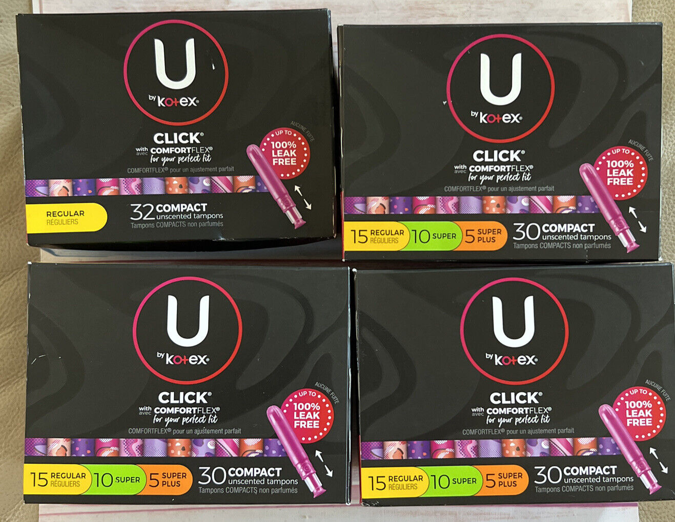 U by Kotex~Click Compact Tampons - 3 Multi Packs 30 & 1 - 32 Regular Pack U by Kotex
