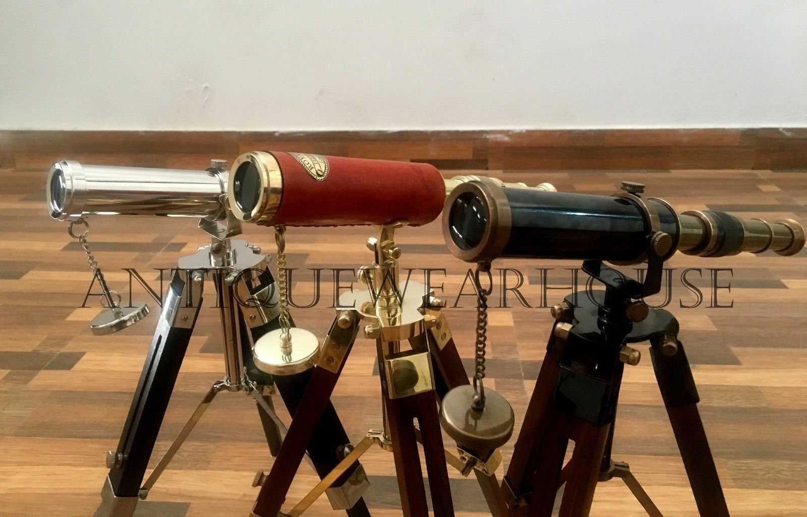 SET OF 3 Handmade Solid Brass Pirate Spyglass Telescope With Wooden Tripod Decor Без бренда - фотография #5