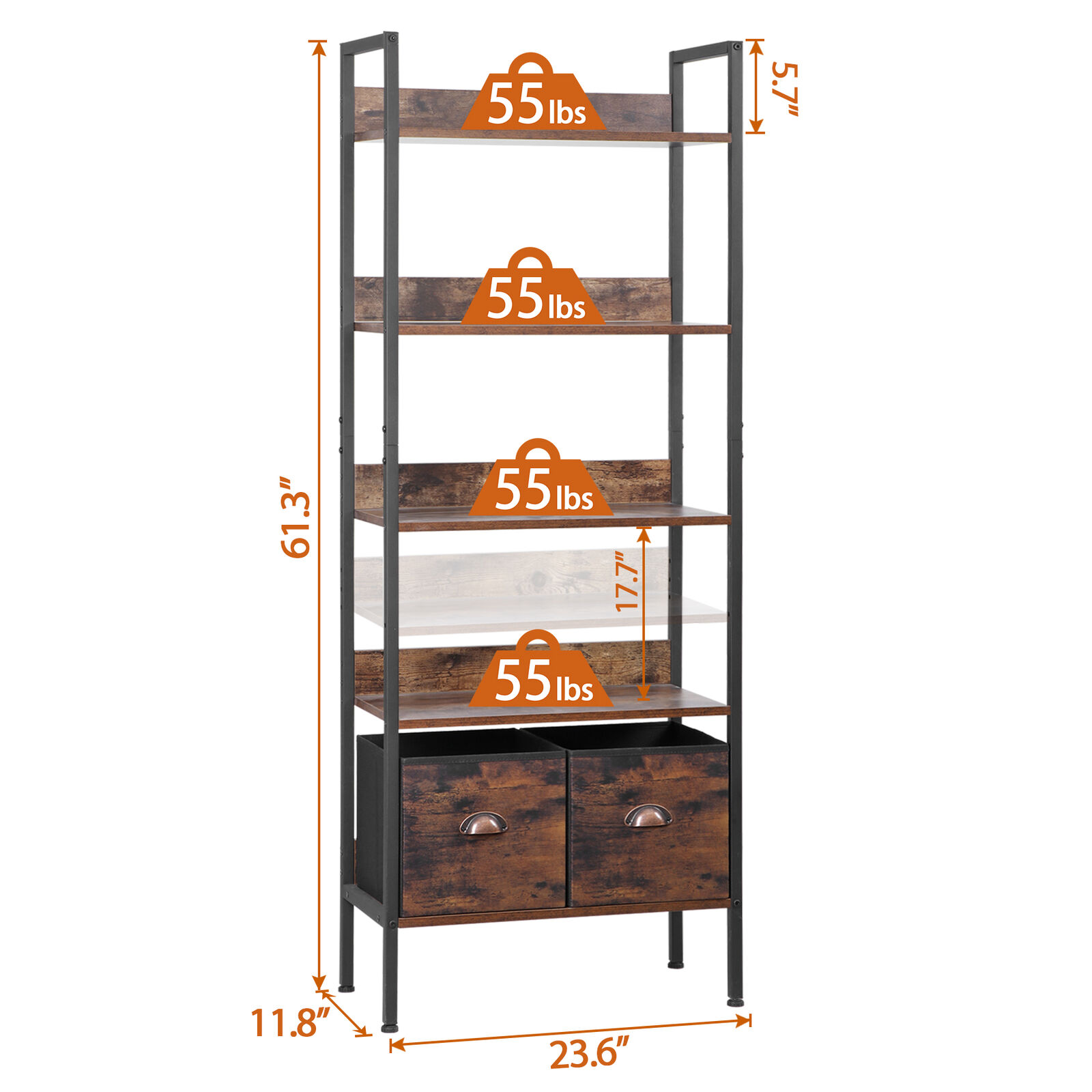 5-Tier Bookshelf Industrial Display Standing Shelf Units W/ 2 Storage Drawers Segawe H01-3486 - фотография #3