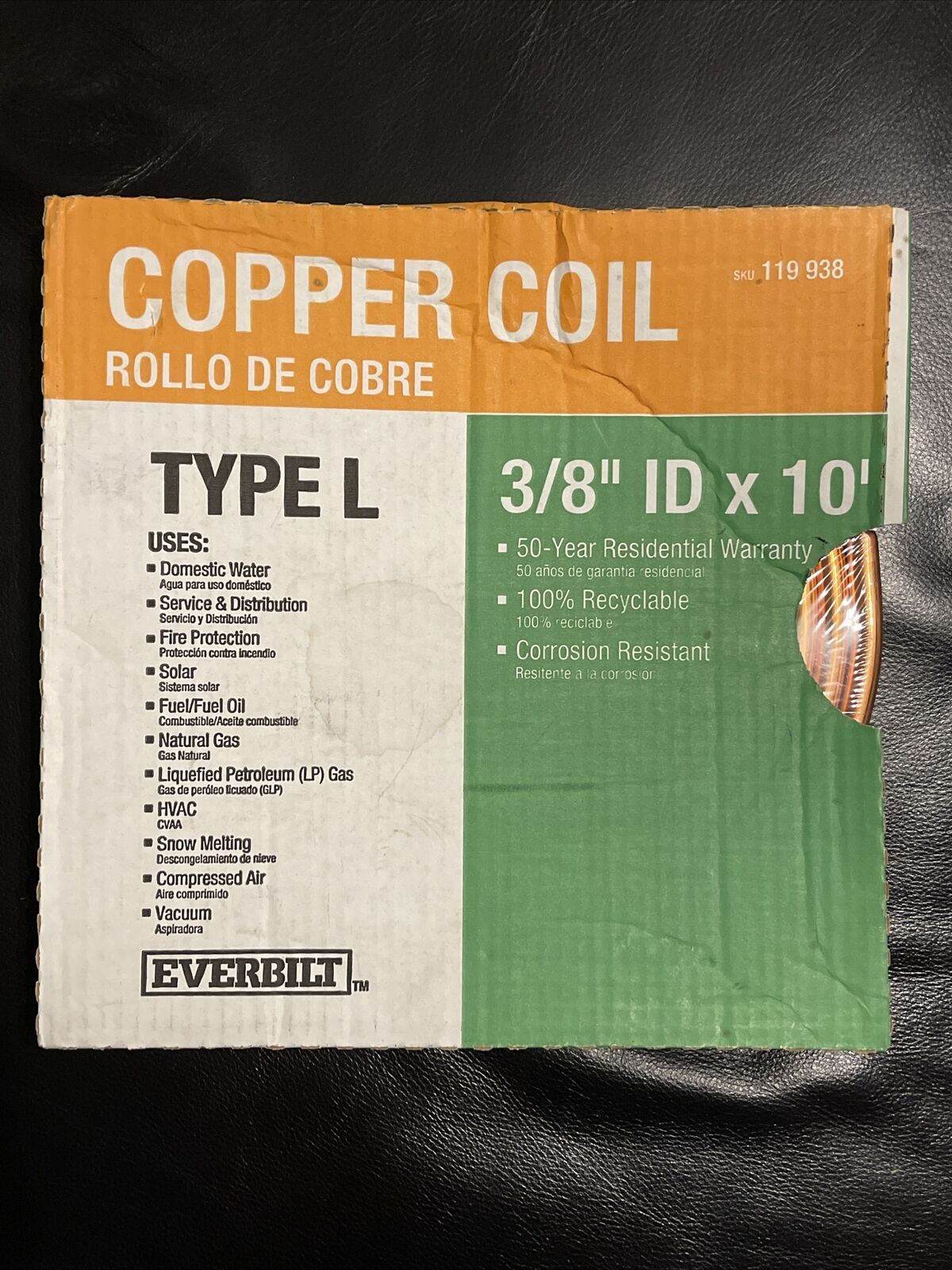 Copper Coil Type L 3/8 " ID x 10' by Ever Bilt New in box Everbilt 119938