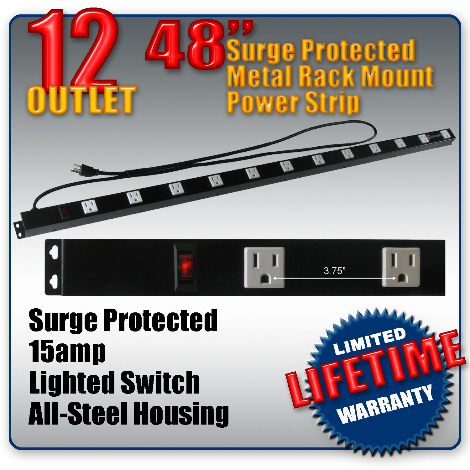 6 pieces of 48" 12 Outlet Metal Power Strip Surge Protected Lighted Power Switch A-Neutronics, Inc. ANI-1248SUR - фотография #2
