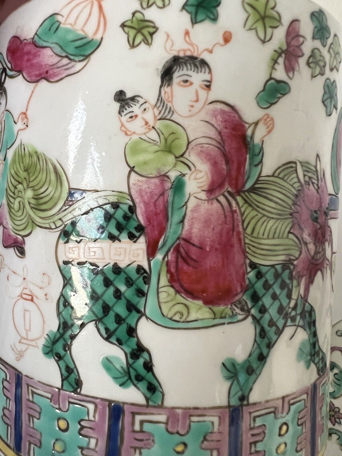 2 Antique Chinese Hand Paint Dragon Children Cylinder Hallmark Famille Jars 6" Без бренда - фотография #11