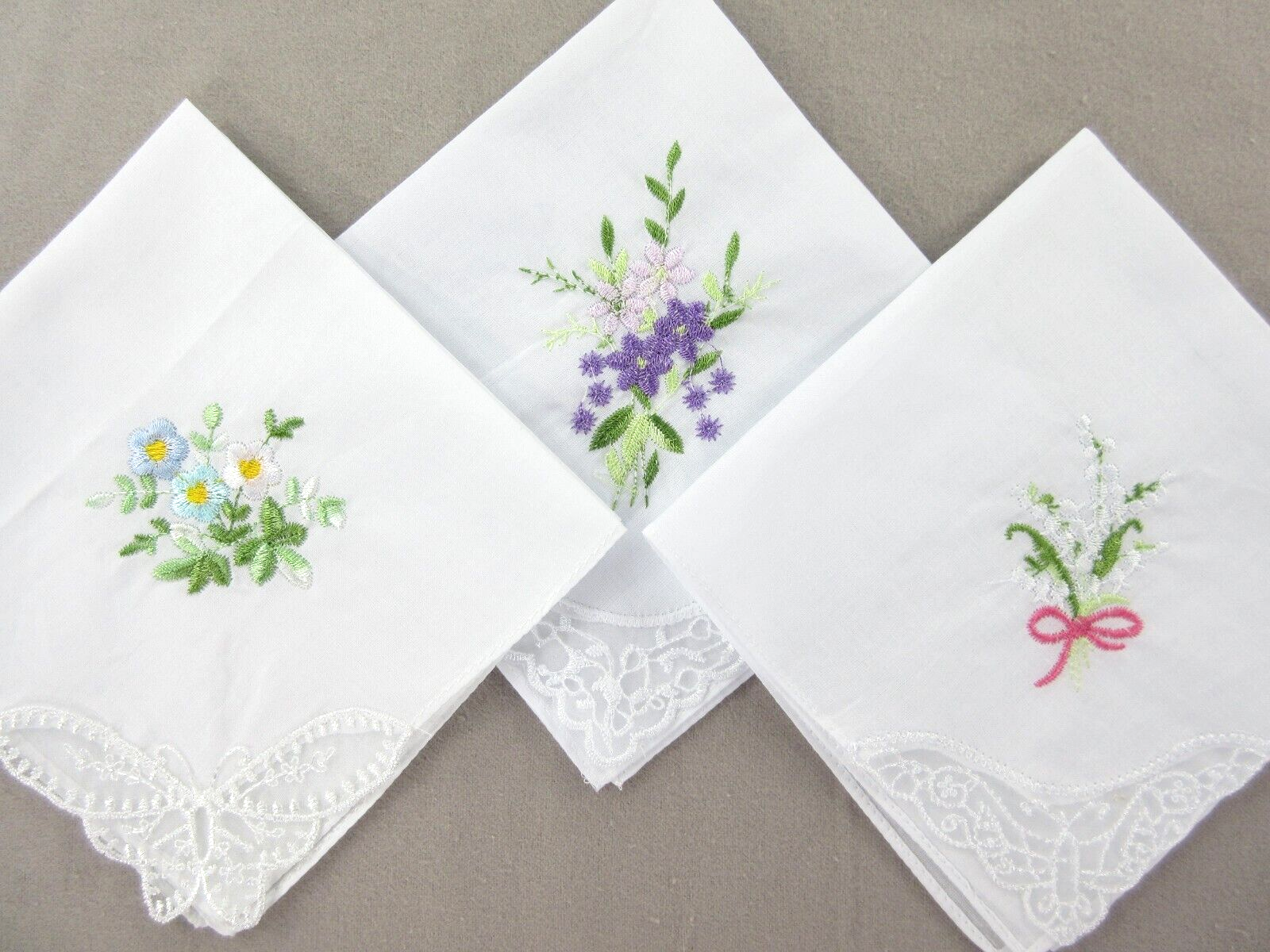 Lace Handkerchiefs LOT 3 White Cotton Hankie Butterfly Floral Embroider Applique Unbranded