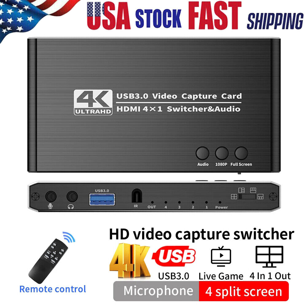 4K Audio Video Capture Card USB 3.0 HDMI Game Capture 4X1 Switcher for Streaming Unbranded