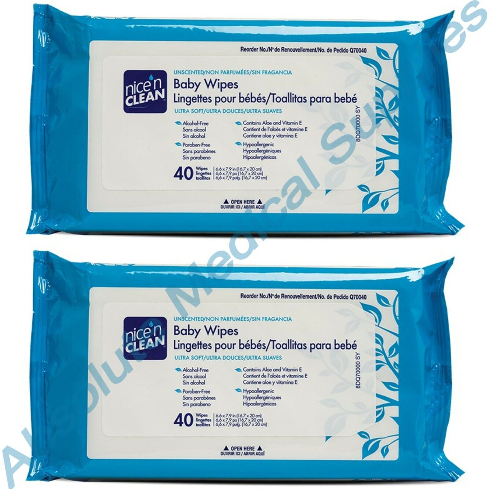 *2-Pack* PDI Nice'N Clean 40 Baby Wipes Unscented Ultra Soft 6.5" x 7.9" Q70040 Professional Disposable International Q70040
